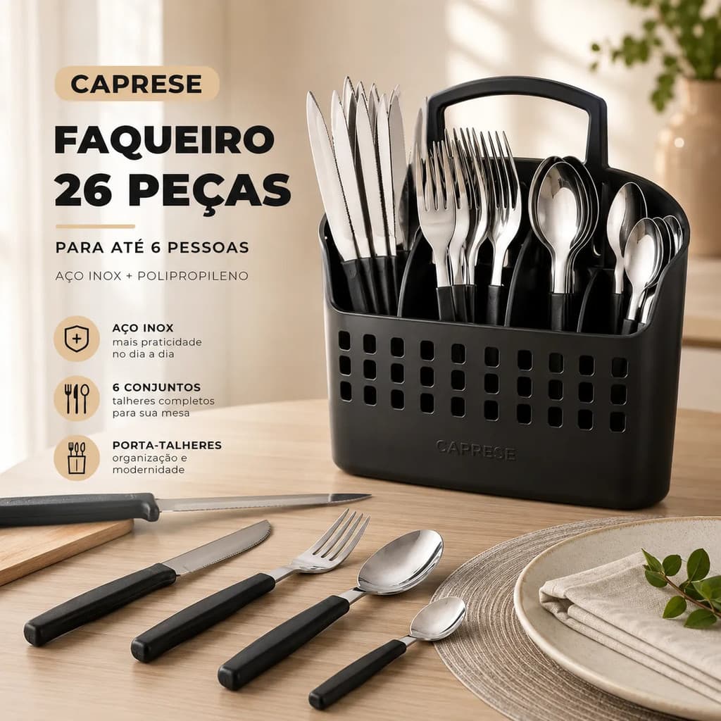 Conjunto Talheres Caprese 26 Peças Faqueiro Aço Inox Porta Talheres Facas Churrasco Completo 6 Pessoas Preto Ou Vermelho