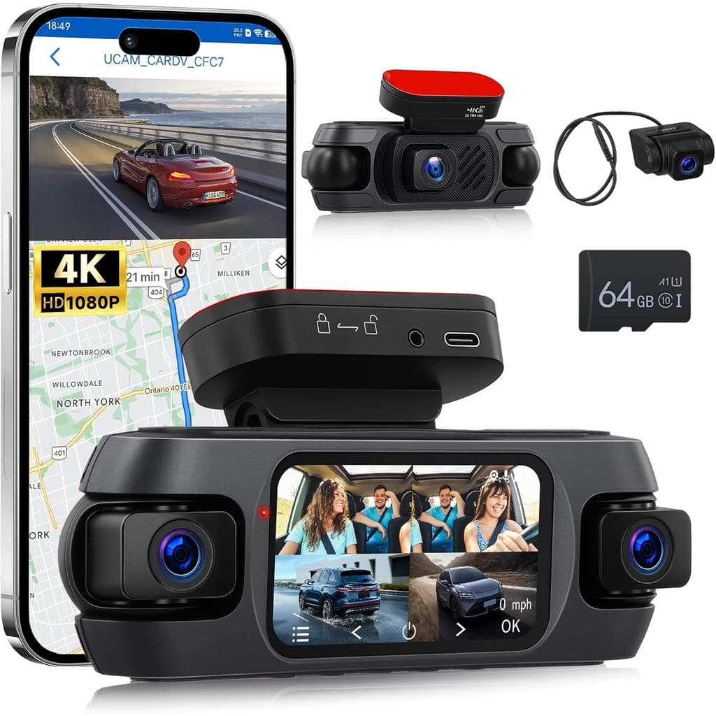 Câmera Veicular 4K de 4 Canais 360 °   Câmera de painel frontal e traseira, interna, esquerda e direita, 3 polegadas, su