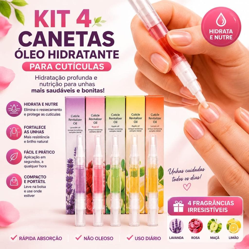 Kit 4 Canetas Óleo Hidratante para Cutículas - Hidrata, nutre e revitaliza as cutículas
