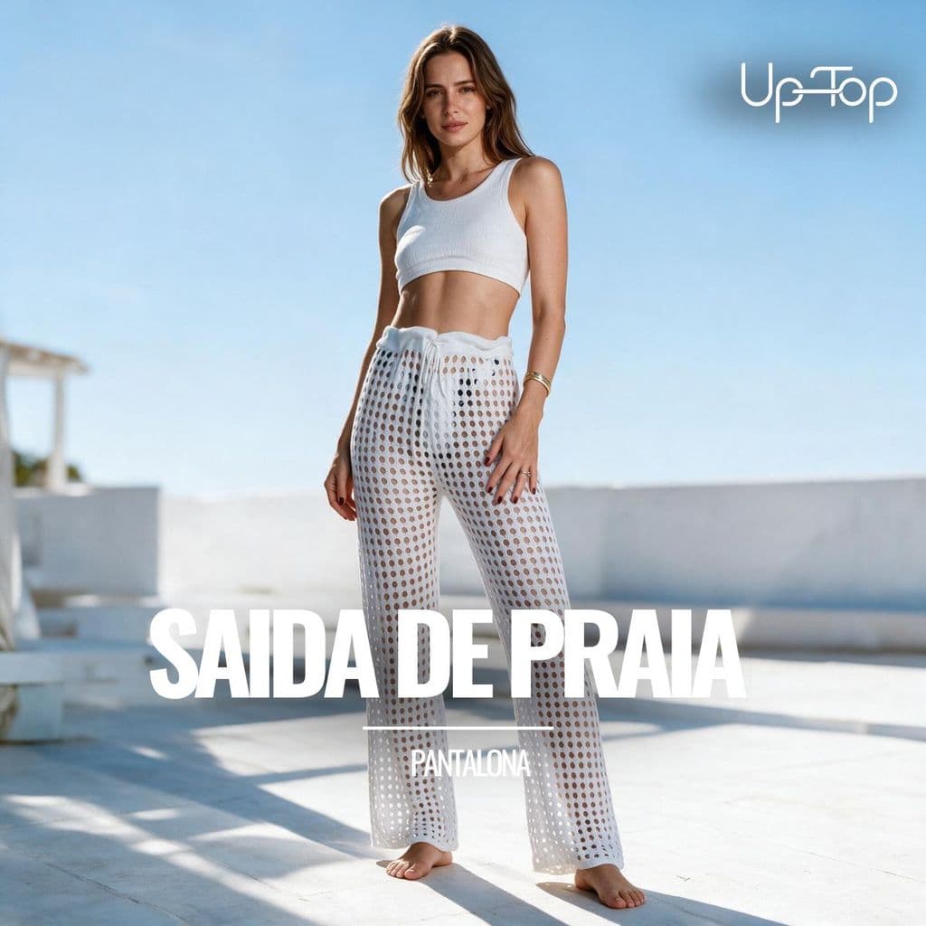 Saída de Praia Santorini Feminina - Tricô Crochê Pantalona Moda Praia Verão