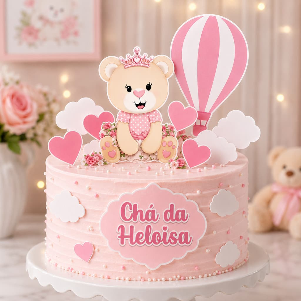 Topo de Bolo Ursinha Rosa Chá de Bebê Personalizado com Nome - ENVIO RÁPIDO