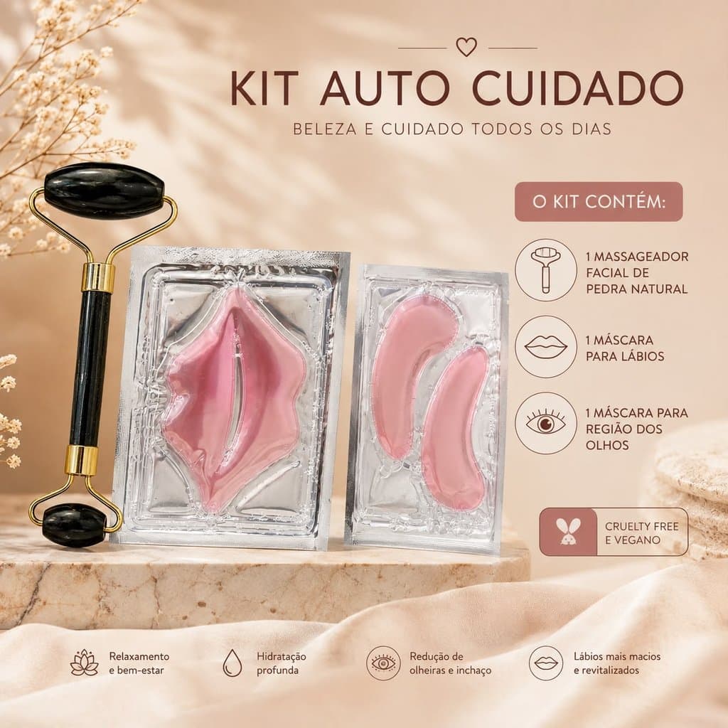 Kit Auto Cuidado Skincare Massageador Facial Pedra Natural + Máscara Lábios + Olhos