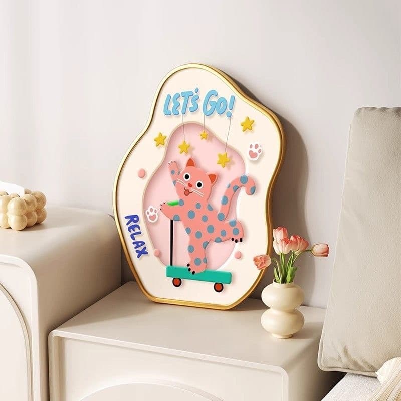 Pintura Decorativa de Gato com Bolinhas Dopamina para Mesa de Trabalho, Decoração de Mesa de Cabeceira, Arte de Parede p