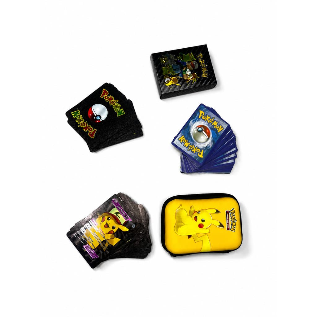 Kit 100 Cartas Preta Pokemón Cards Colecionaveis Estojo