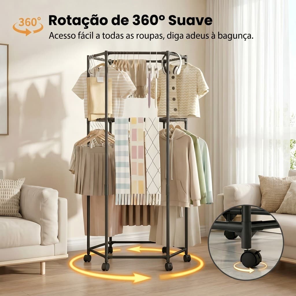 Varal De Chão Roupas Cabideiro Hexagonal Dupla Camada 360°
