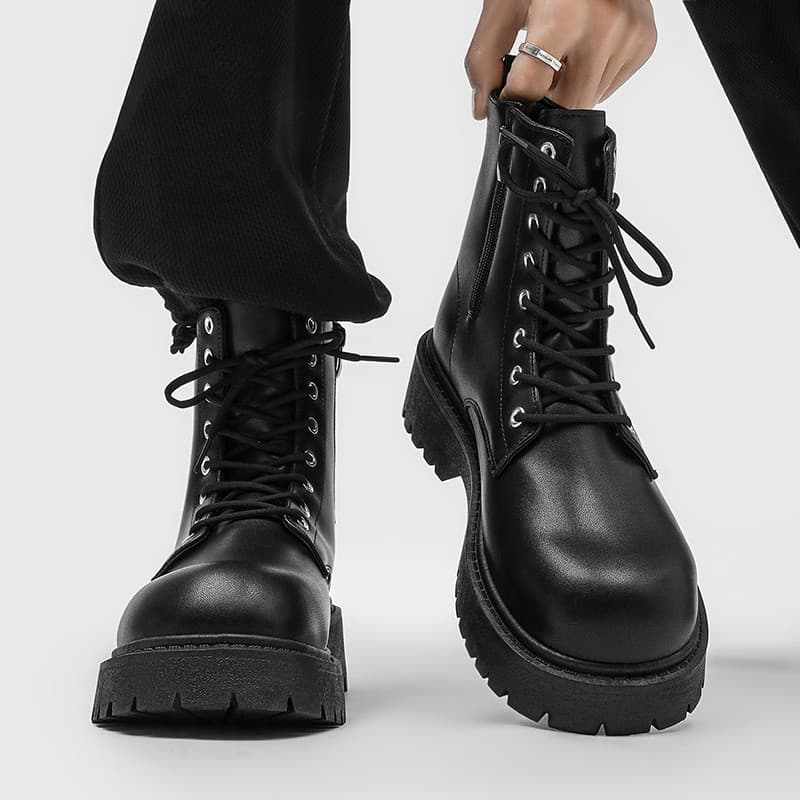 Botas militares masculinas com zíper lateral, solas de borracha, altura até a metade da panturrilha, adequadas para o ou