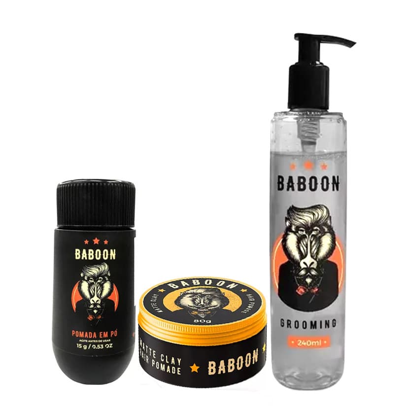 Kit Masculino Baboon Pomada Modeladora Matte Clay 80g + Pomada Em Pó 15g + Grooming para Cabelos 240ml