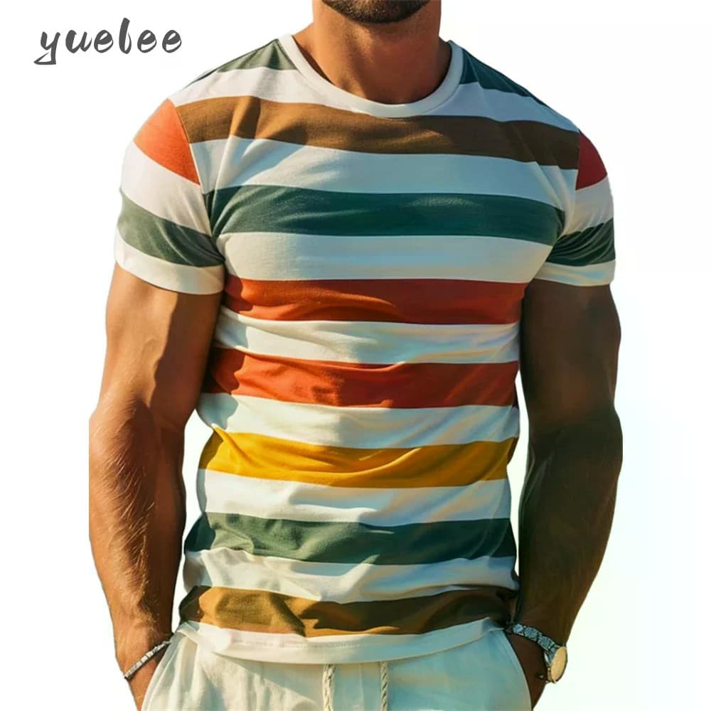 Nova Camiseta Masculina Listrada Respirável Tendência Da Moda Manga Curta Simples Impressão Topos Esportivos Casuais Rou