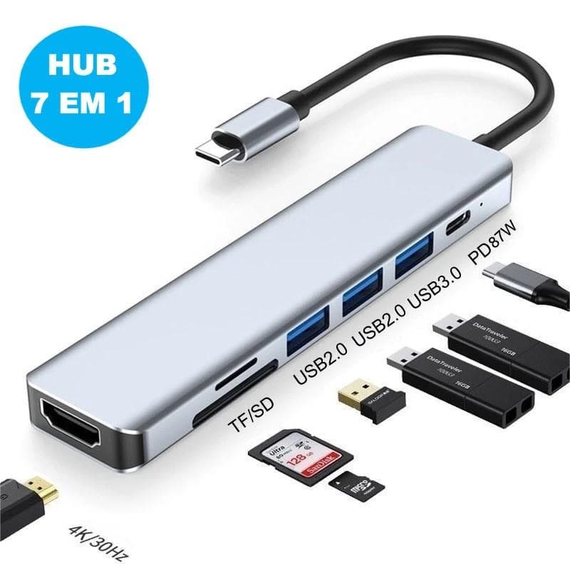 Hub USB-C 7 em 1 HDMI 4K USB 3.0 USB 2.0 SD TF Leitor de Cartão Adaptador para Notebook PC Macbook