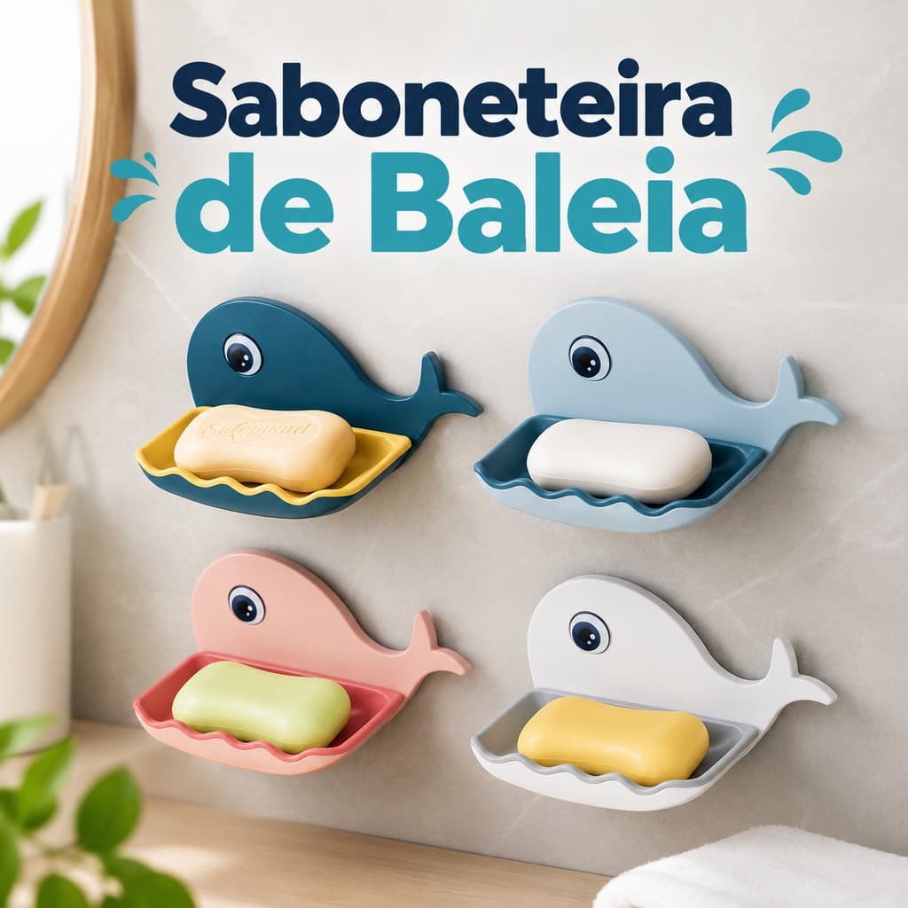 Saboneteira de Baleia Autoadesiva Infantil Porta Sabonete p/ Banheiro Parede Organizador de Sabão Criativa e Decorativa
