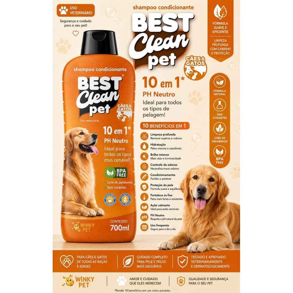 Shampoo Pet Coco 10 em 1 700ml PH Neutro Para Cães e Gatos Best Clean Pet