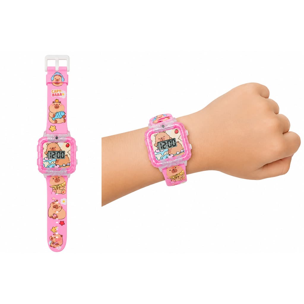Relógio Digital Infantil Capivara Rosa Pulseira Ajustável