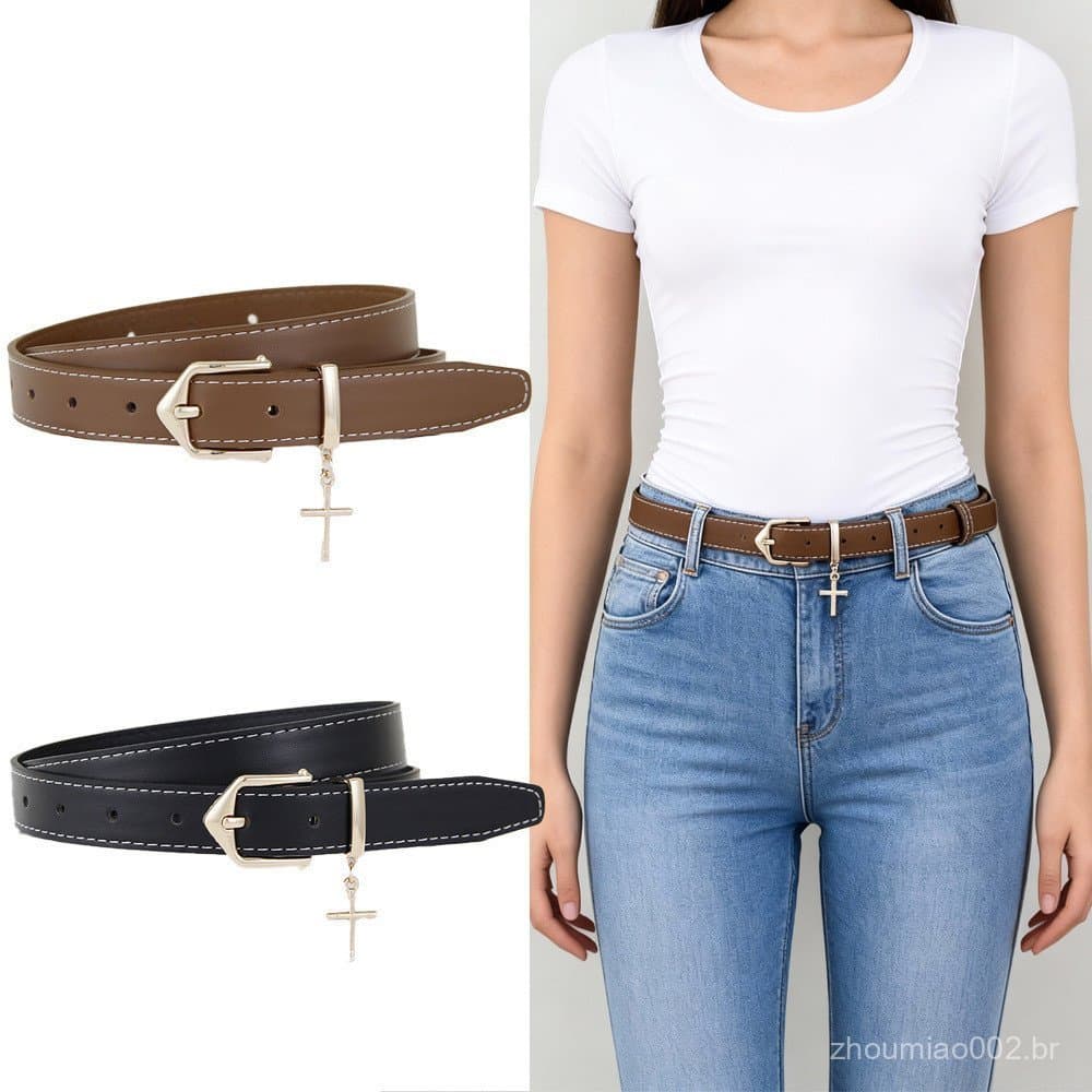 Versátil Novo Estilo Jeans Cinto Casual Moda High-end Design Cor Sólida Abotoado Couro Feminino 5L0W