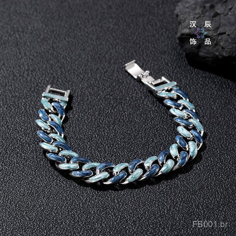 Pulseira simples personalizada azul de dupla face com design de céu estrelado, estilo vintage cubano com acabamento em ó