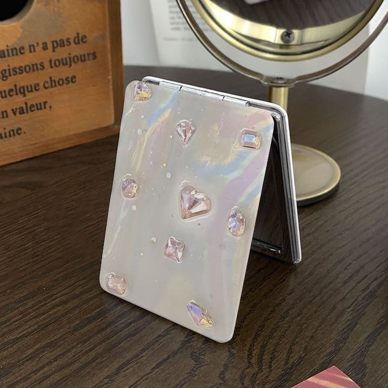 Novo estilo coreano diamante amor pequeno espelho portátil espelho de maquiagem viagem dobrável espelho de maquiagem por