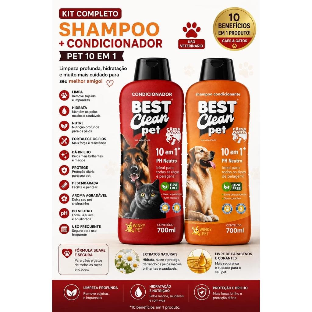 Kit Shampoo Neutro e Condicionador Pet 10 em 1 Best Clean Pet 700ml (2x700ml) – pH neutro, sem parabenos e sem corantes,