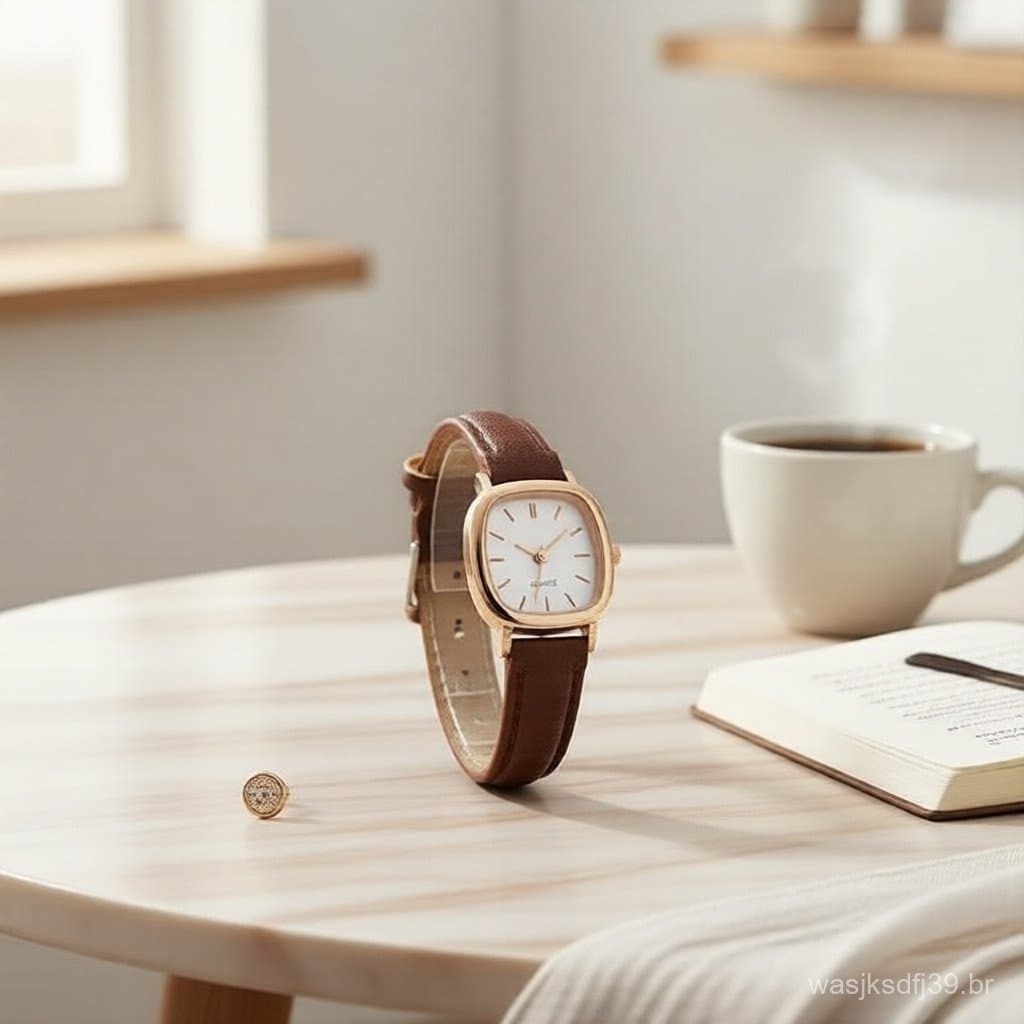 Relógio feminino minimalista de mostrador quadrado - pulseira fina de couro, quartzo, leve, ideal para o dia a dia