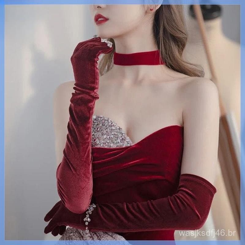 MCHY > 1 Par De Festa De Natal Estilo Nobre Banquete Feminino Veludo Longo Jantar Vestido Luvas Quentes Para Dirigir Nov