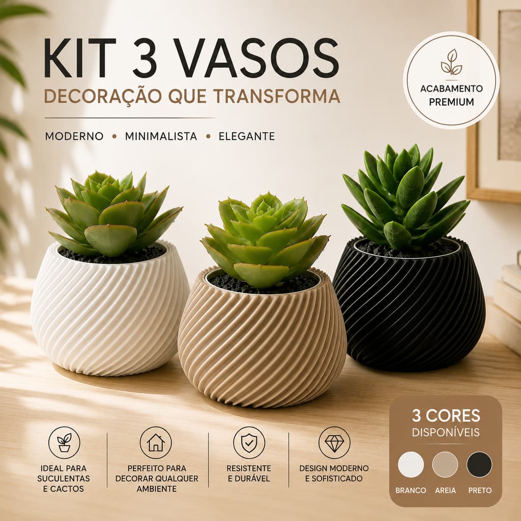 Kit 3 Vasos Decorativos para Suculentas e Cactos Modernos Espiral