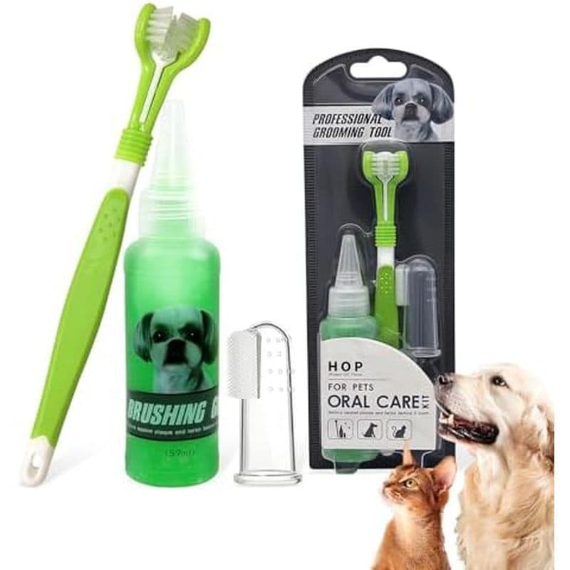 Kit De Escova De Dentes E Pasta De Dente Para Cães HOP Menta Frango Gel (59ml) | De 3 Cabeças Com Cerdas De Nylon , Esco