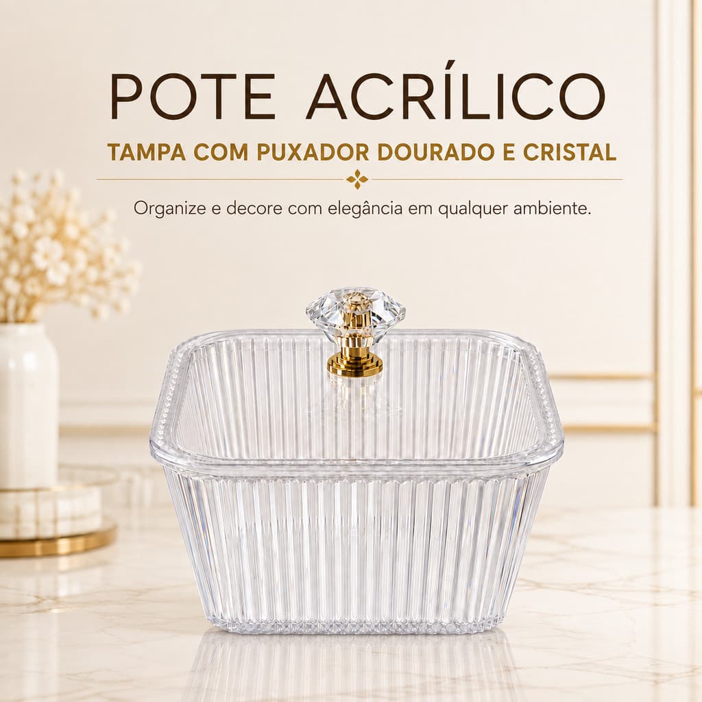 Pote Acrílico com Tampa e Puxador de Cristal com Base Dourada Organizador Transparente Canelado 10,5 cm
