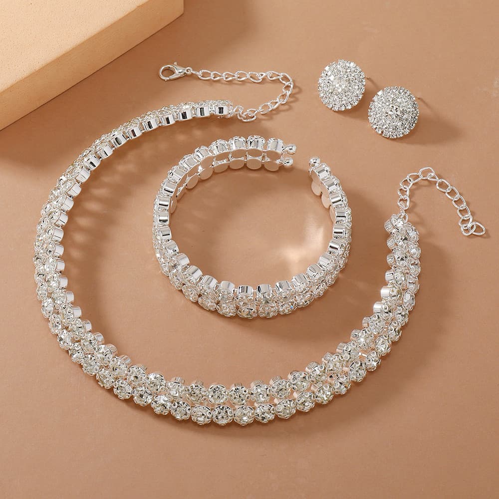 Moda Europeia E Americana Fileira Dupla Strass Colar Brincos Pulseira Conjunto Completo Diamante Jóias De Casamento De T