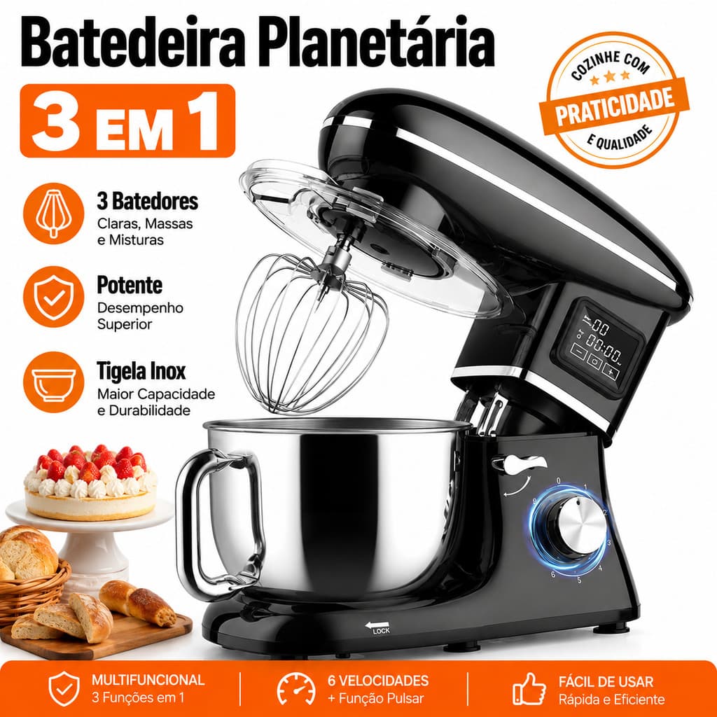 3 em 1 Batedeira Planetária 1900W Tigela Inox 6,2L com Timer LED 6 Velocidades e Função Pulse