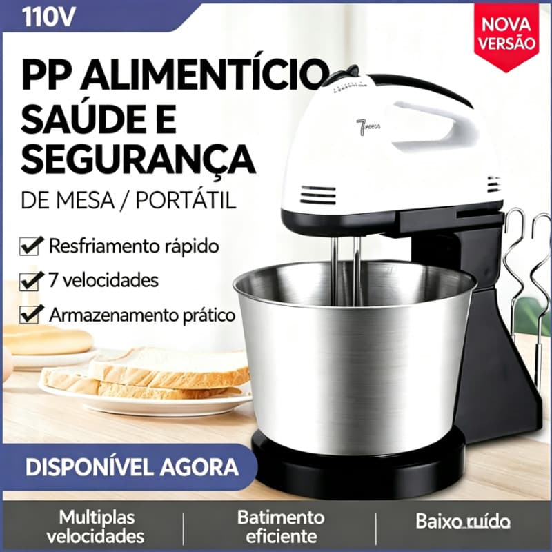110V Batedeira Elétrica 7 Velocidades com Pedestal Tigela Inox 4 Batedores 2 em 1
