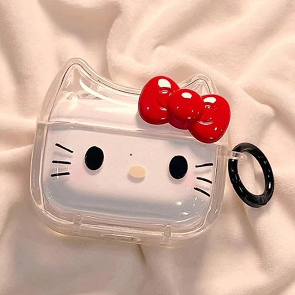 Capa Protetora para Fones de Ouvido em TPU Macio, à Prova de Choque, em Forma de Gato Hello Kitty Decorada com Laço Verm