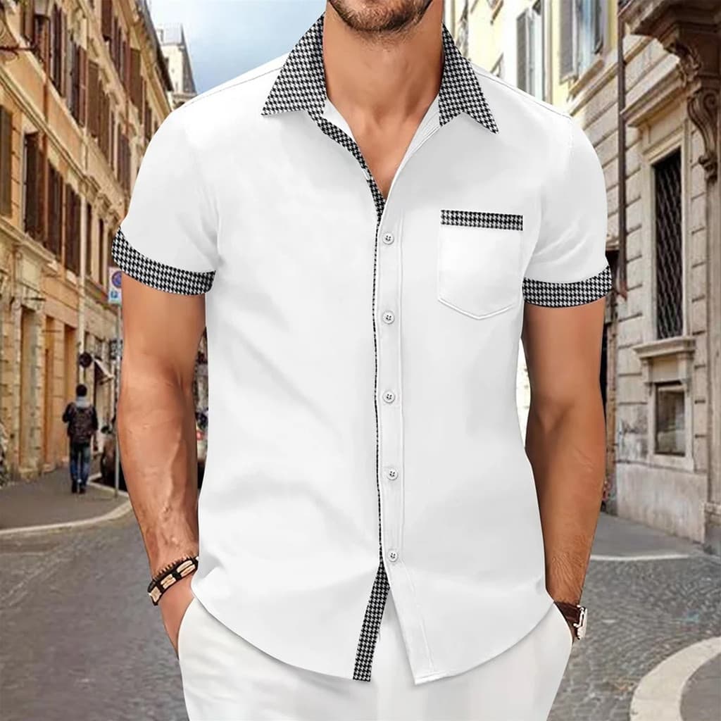 Novo masculino Houndstooth costura camisa de manga curta Casual lapela camisa topo