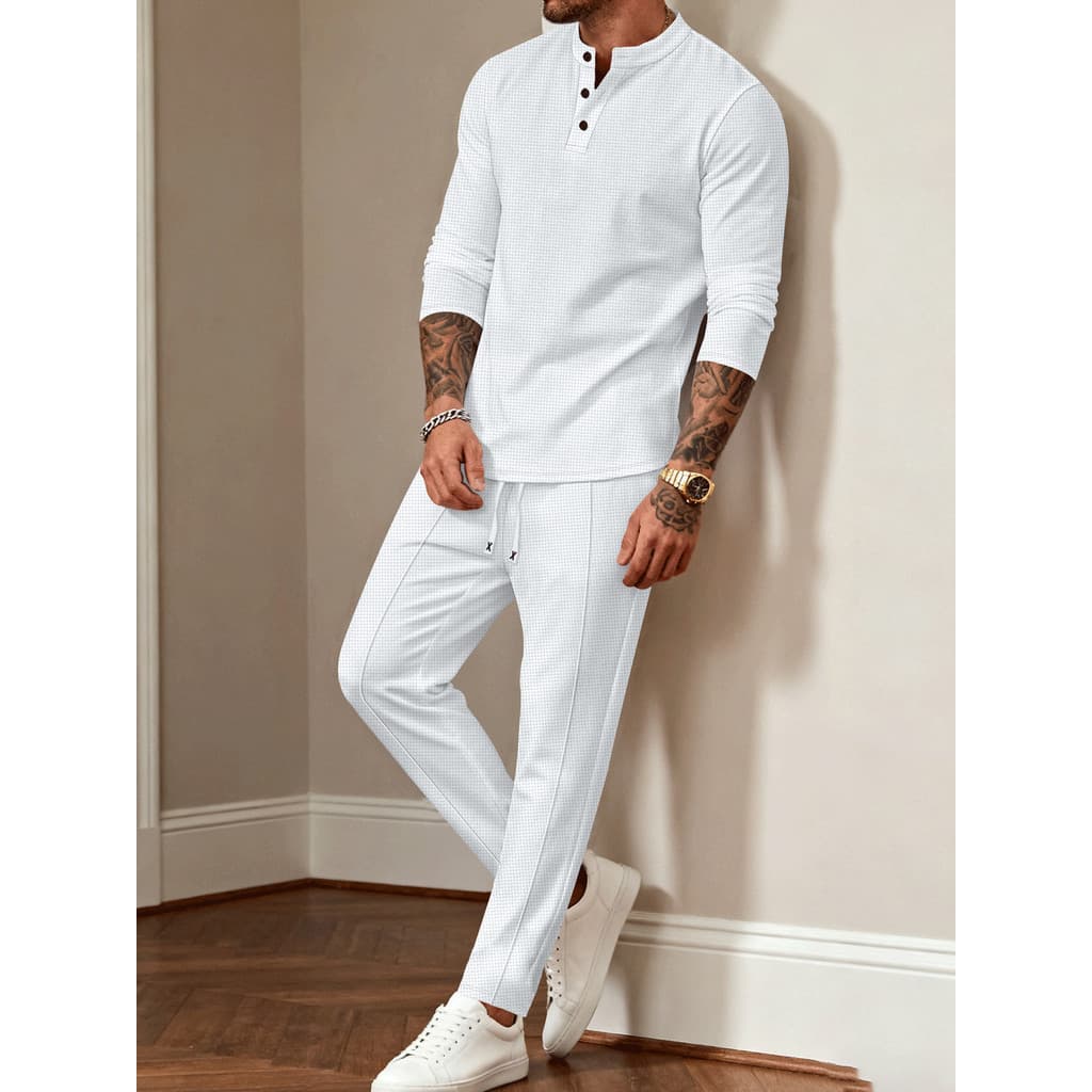 [Venda] Conjunto Casual masculino Henry de manga comprida com calças masculinas Waffle [envio rápido]