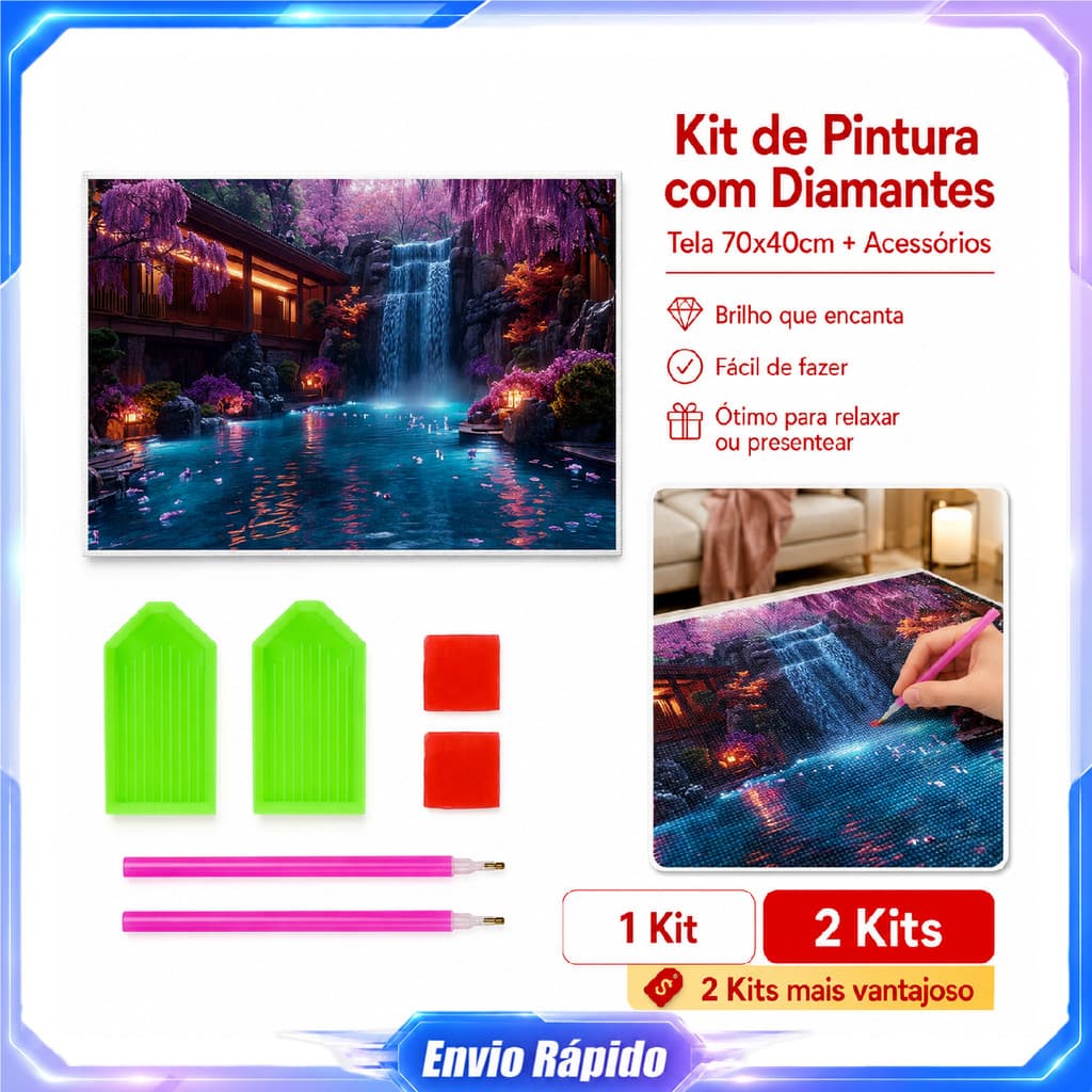 Kit pintura de diamante DIY Cachoeira Grande 70x40cm tela para diamantes 2 canetas 2 bandejas 2 massas adesivas