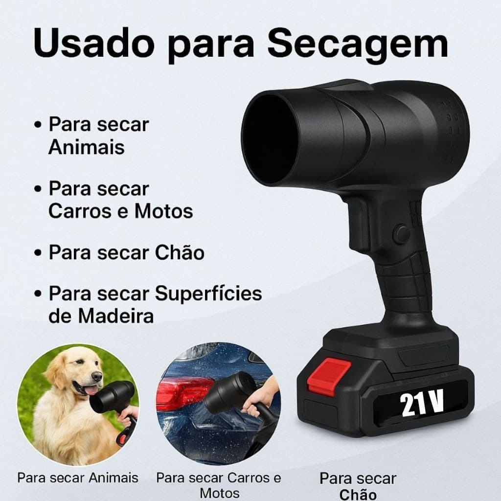 Soprador de Folhas Turbo Portátil 21V — 2 Baterias Recarregáveis + Bivolt, Potente