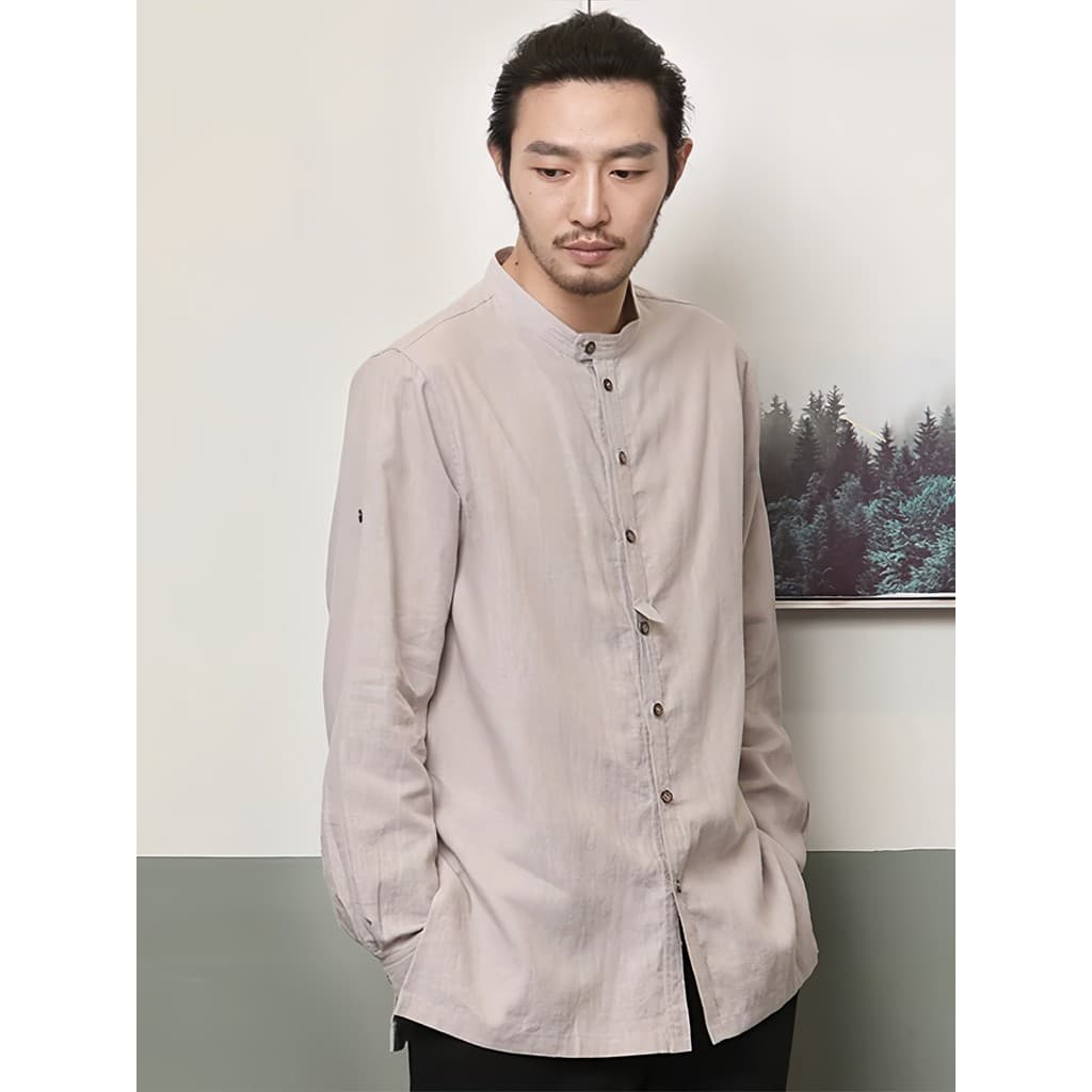 Nan estilo chinês camisa Ramie masculina outono topo de manga comprida camisa Casual solta novo chinês Retro impresso cé