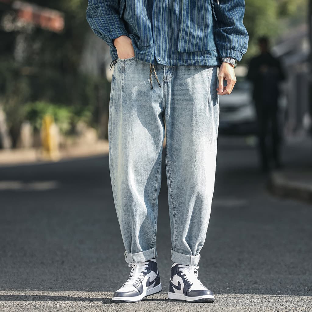 Japonês Retro simples lavado cor clara Jeans de perna larga masculino Street Wear primavera novo estilo solto em linha r