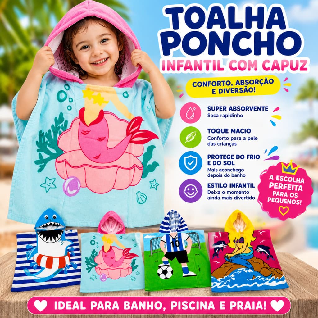 Toalha Poncho Infantil com Capuz Microfibra Praia Piscina Banho Secagem Rápida