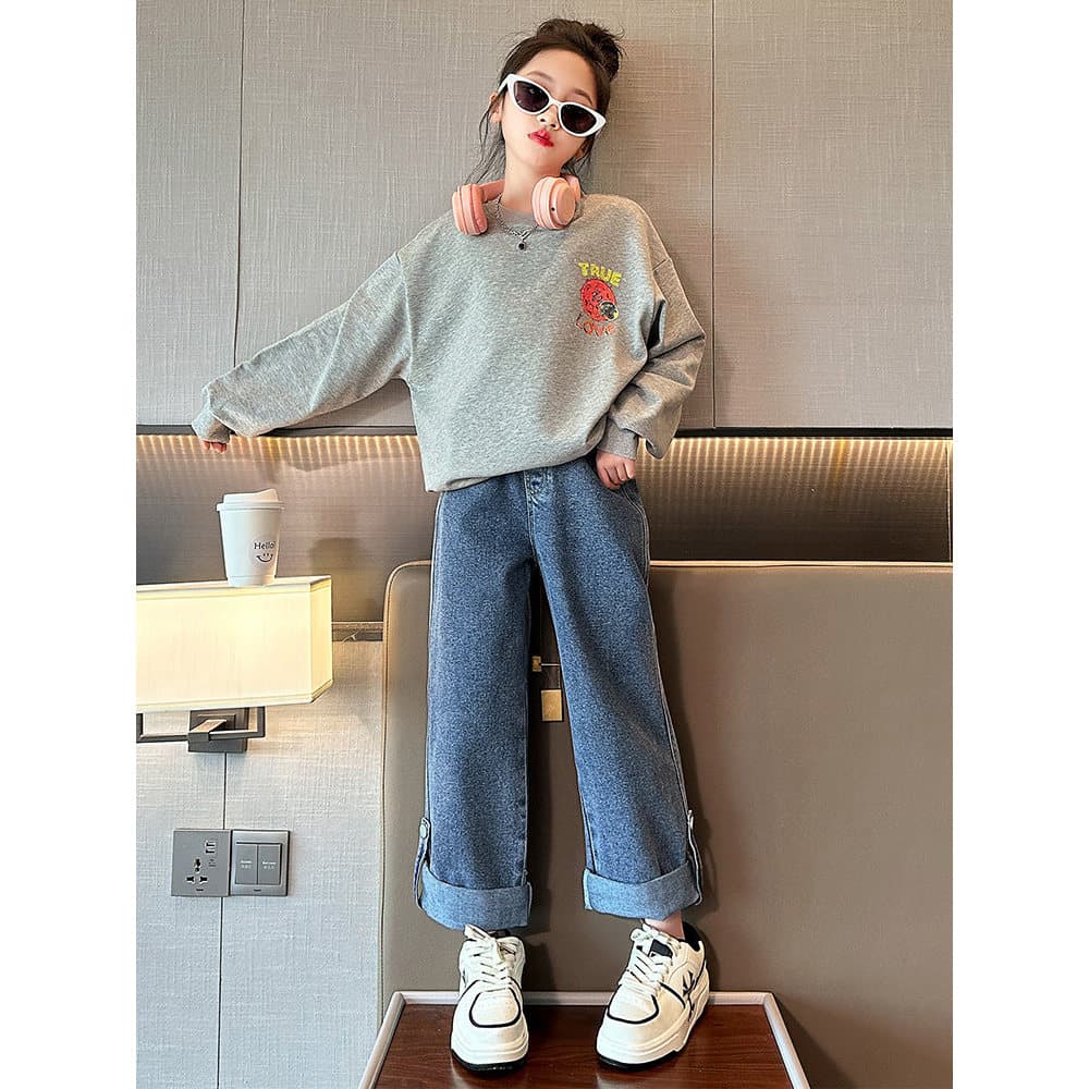 Meninas calças Jeans primavera outono roupas 2024 novo estilo médio grande crianças soltas All-Match calças retas casuai