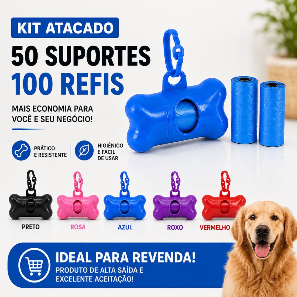 Kit Atacado Cata Caca Pet 50 Suportes + 100 Refis Saquinhos para Coco Cachorro