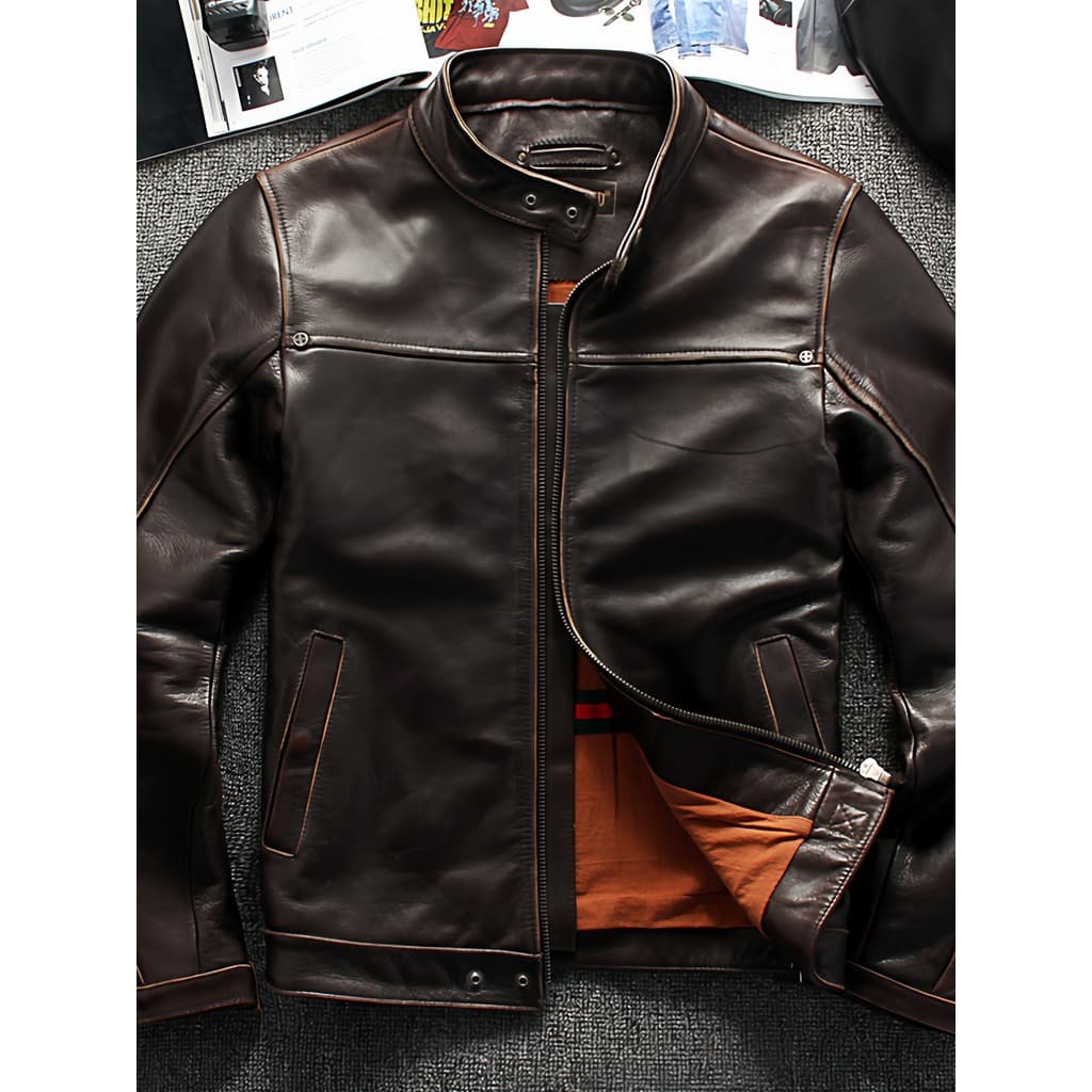 Novo produto jaqueta de couro genuíno masculina Retro desgastado angustiado primeira camada de couro gola alta magro-aju