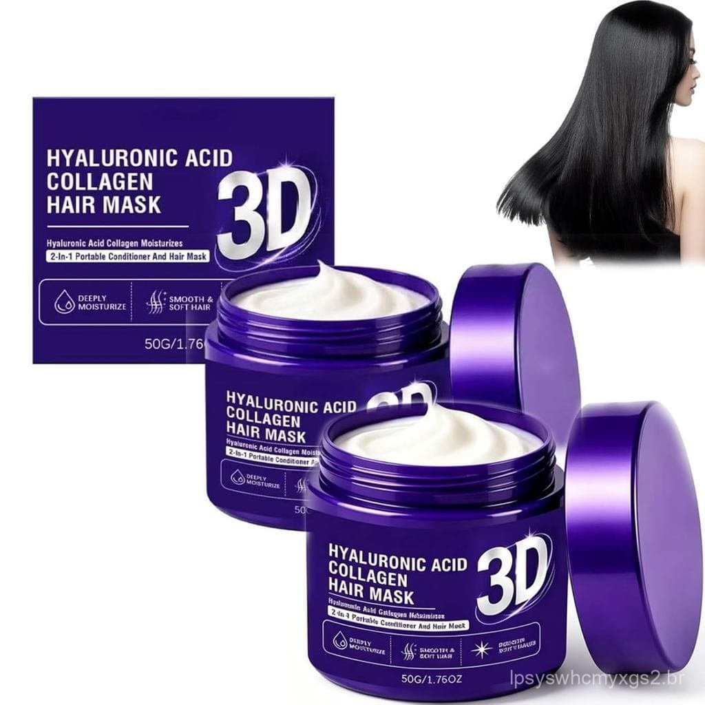 Máscara Capilar 3D de Ácido Hialurônico e Colágeno 50g, Reparação Profunda com Ácido Hialurônico para Cabelos Sedosos, R