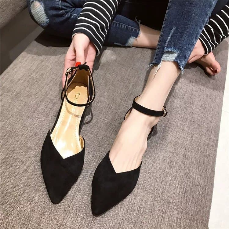 Sapatos únicos franceses femininos de salto médio de salto grosso primavera verão novo estilo pequeno salto alto bico fi
