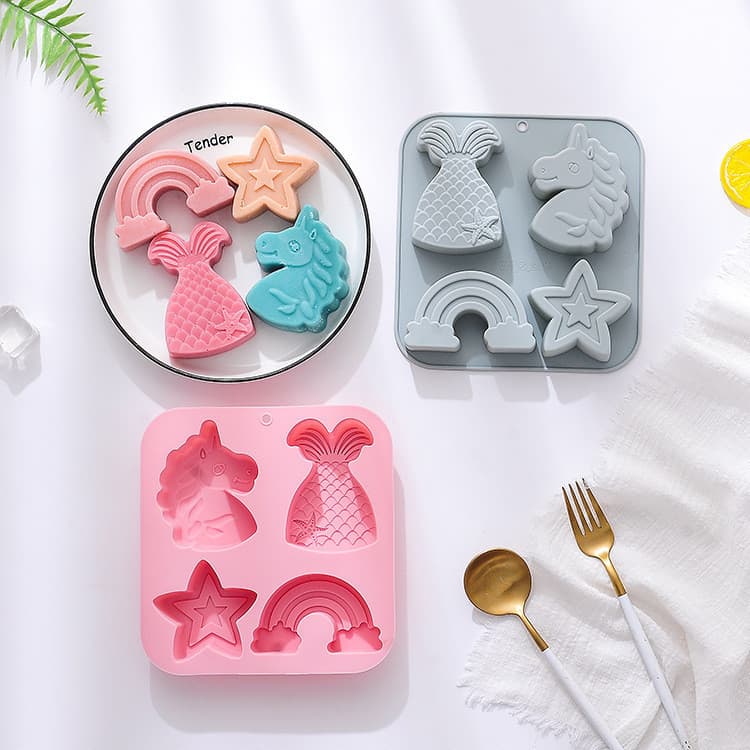 Forma de Silicone para Bolo com 4 Cavidades em Forma de Unicórnio, Forma para Sabonete Artesanal