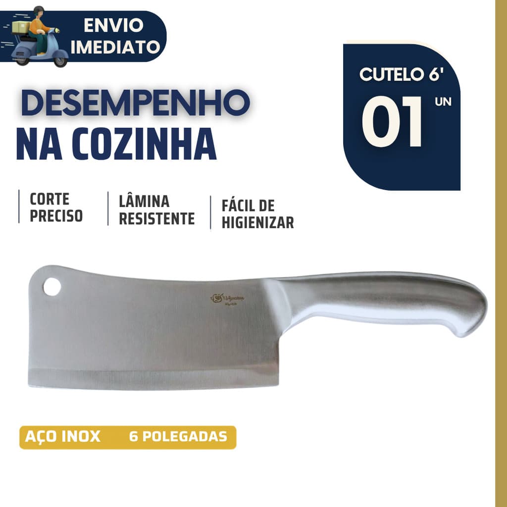 Cutelo Aço Inox 6 Polegadas Profissional Faca Açougueiro Corta Osso Carnes Churrasco Cozinha