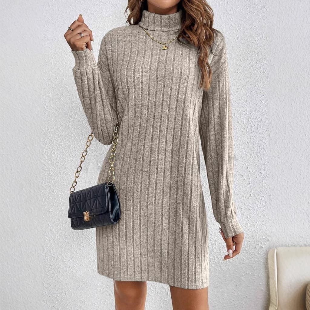 Estação independente transfronteiriça outono inverno novo estilo feminino Casual moda solta cor sólida gola alta vestido