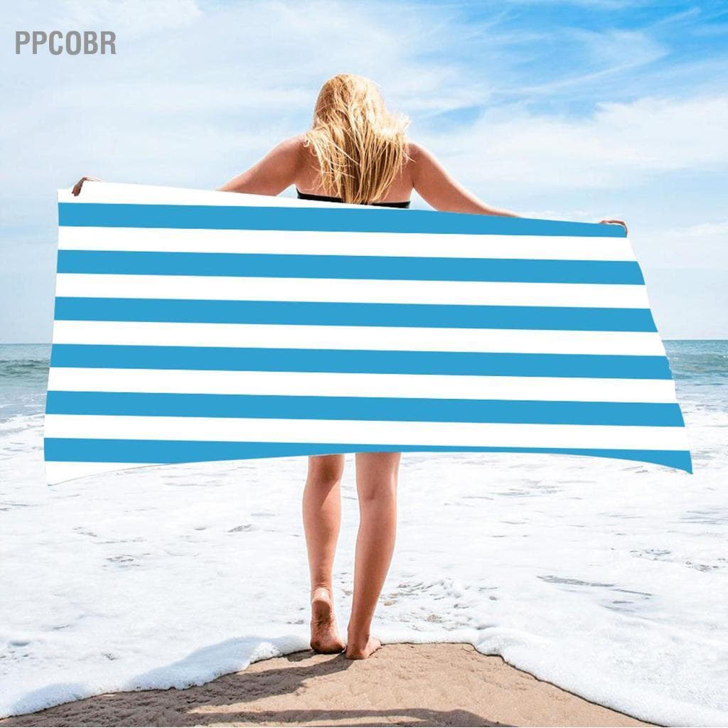Ppcobr Toalha de praia de microfibra listrada de secagem rápida areia macia super absorvente 59,1 x 29,5 pol. azul