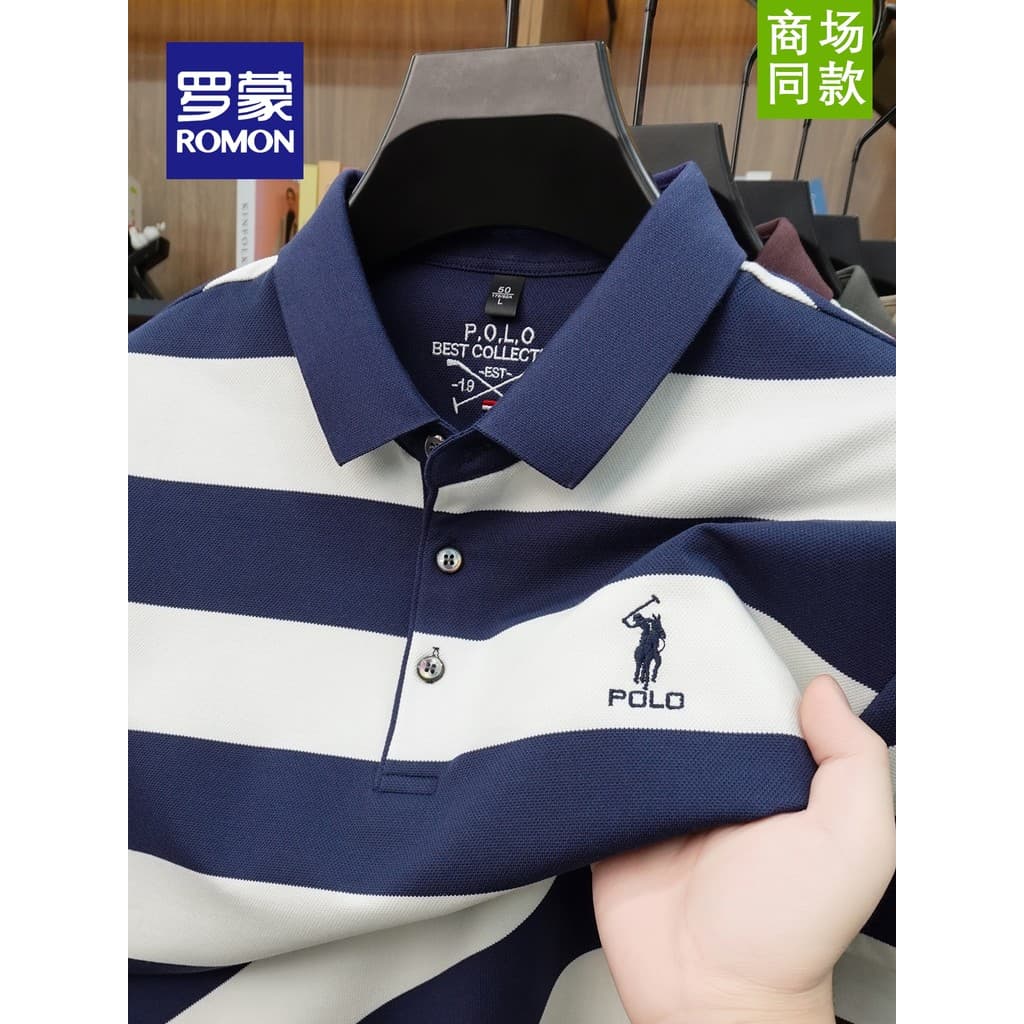 [Algodão Xinjiang] Romon Camiseta masculina listrada de manga curta de verão lapela leve etiqueta de cavalo de luxo bord