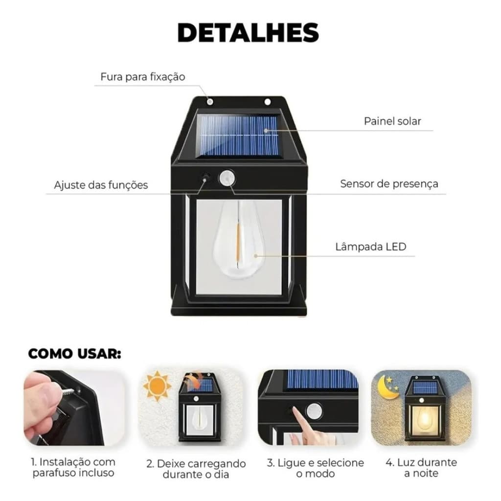 Luminária Solar Arandela Jardim  Led Com Sensor De Movimento