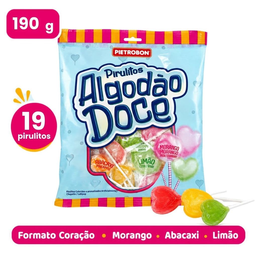 Pirulito Coração Morango Limão Abacaxi 190g Pietrobon 19un Sortido Sem Glúten Festa e Lembrancinha Pacote presentes