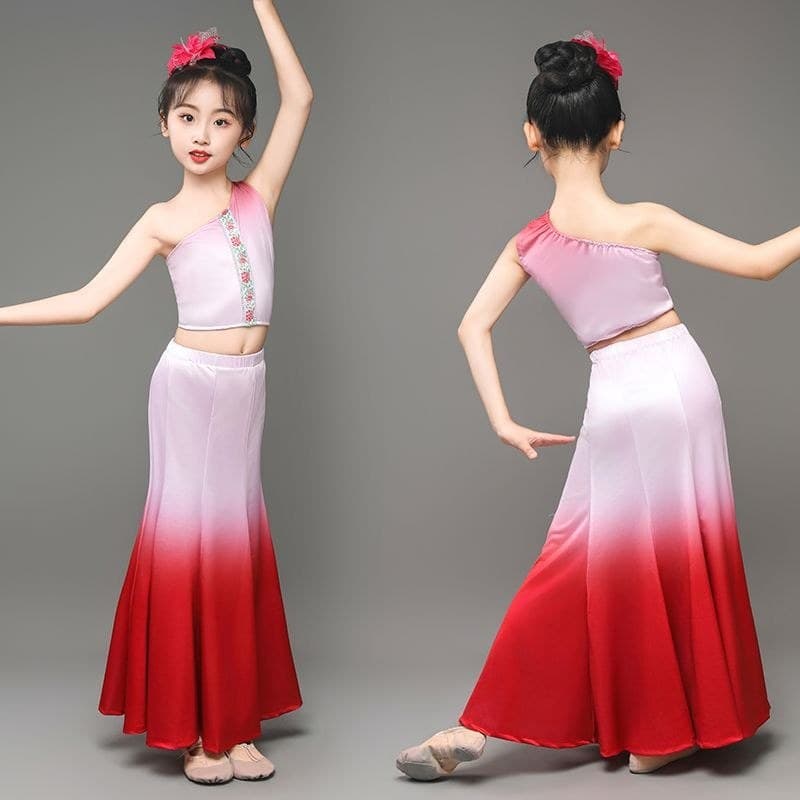 Crianças novo estilo dailu dança desempenho traje desempenho pavão dança Fishtail saia pavão crianças prática desempenho