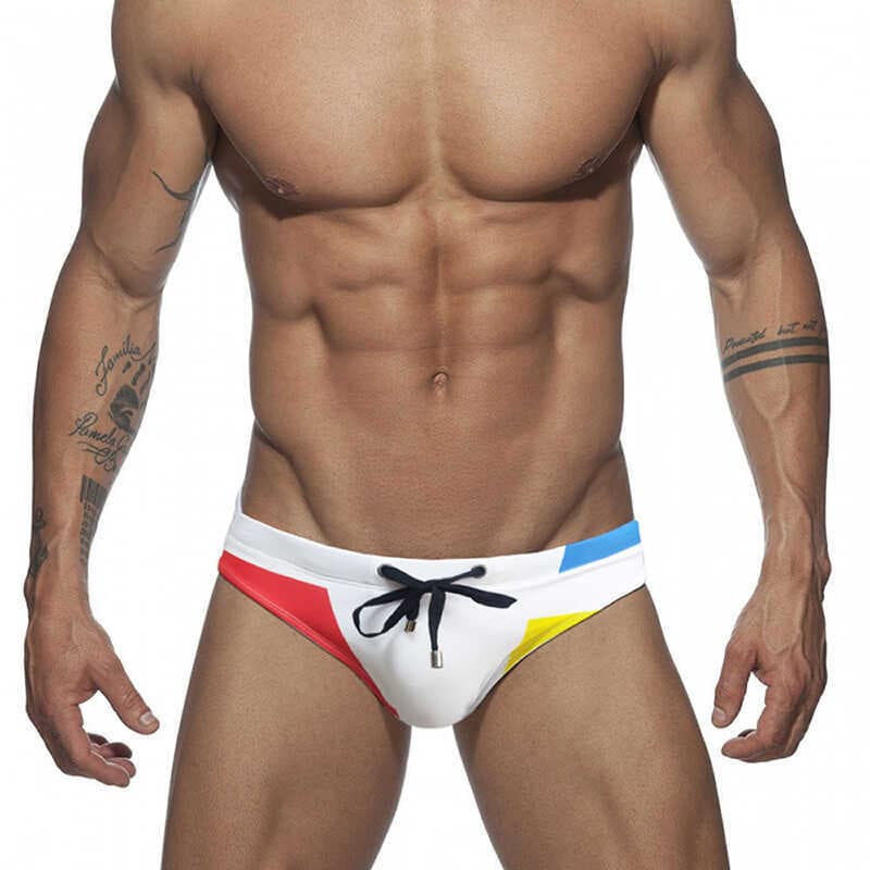 UXH Calção de banho masculino cor combinando cintura Ultra-baixa pequeno triângulo cor sólida fivela de Metal primavera